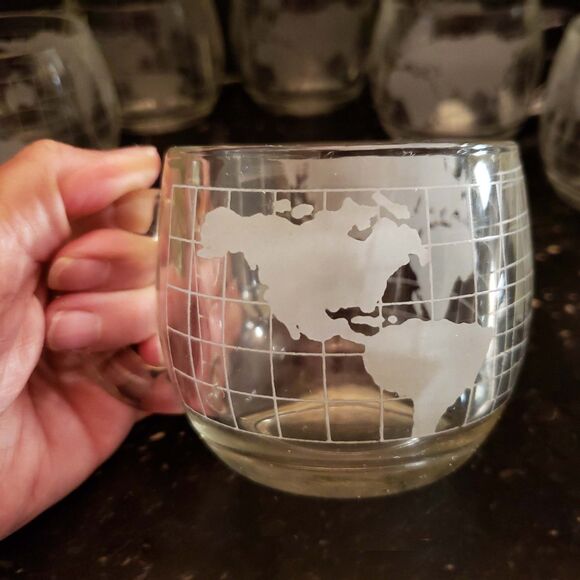 Nestle Nescafe Coffee Cup Mugs World Map Globe Clear Etched Glass Vintage set 6 - Picture 3 of 15